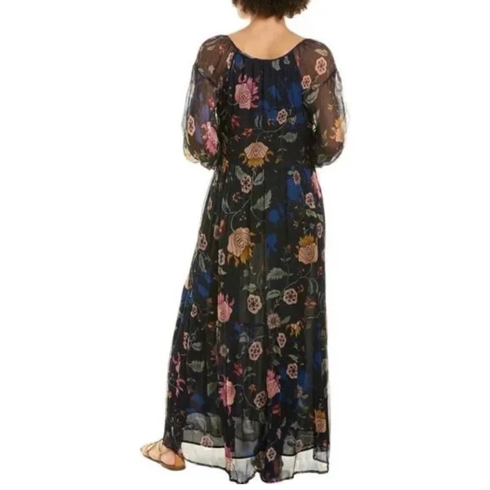 JOHNNY WAS NAVY BLUE GREEN FLORAL PRINT SILK SHEER LONG SLEEVE TAURI MAXI DRESS - Picture 3 of 13